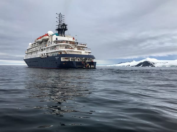 exterior shot of the hebridean sky polar expedition ship  floating in the polar waters on antarctica