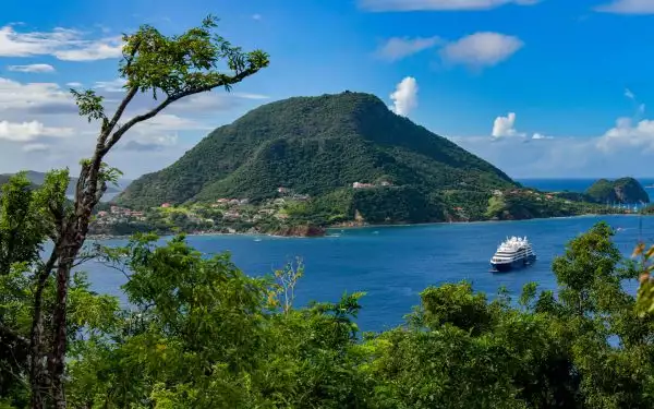 caribbean small ship cruising on turquoise water on a sunny day with palm fronds hanging in the foreground