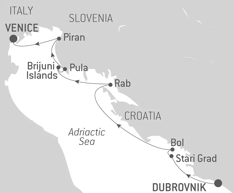 Route map of Cities & Splendors of the Adriatic cruise from Dubrovnik, Croatia to Venice, Italy with visits to Croatia's Stari Grad, Bol, Rab, Pula, Brijuni Islands & Slovenia's Piran.