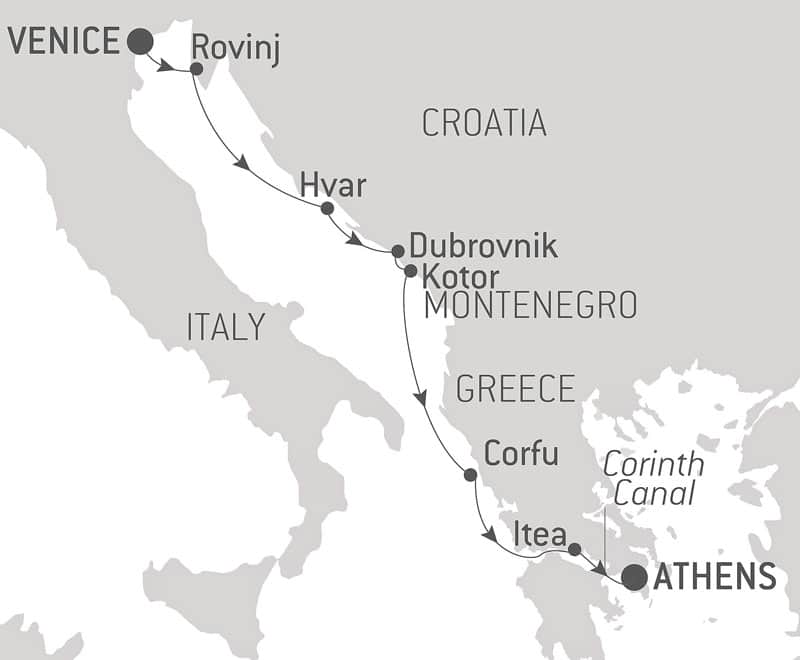 Route map of From The City of Gods to The Canals of Venice eastbound Mediterranean cruise, operating between Italy and Greece with visits along Croatia and Montenegro.