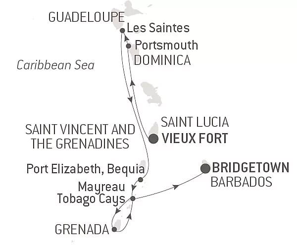 Route map of 9-Day Cruising The Caribbean's Windward Islands with Smithsonian Journeys cruise from Vieux Fort, Saint Lucia to Bridgetown, Barbados.