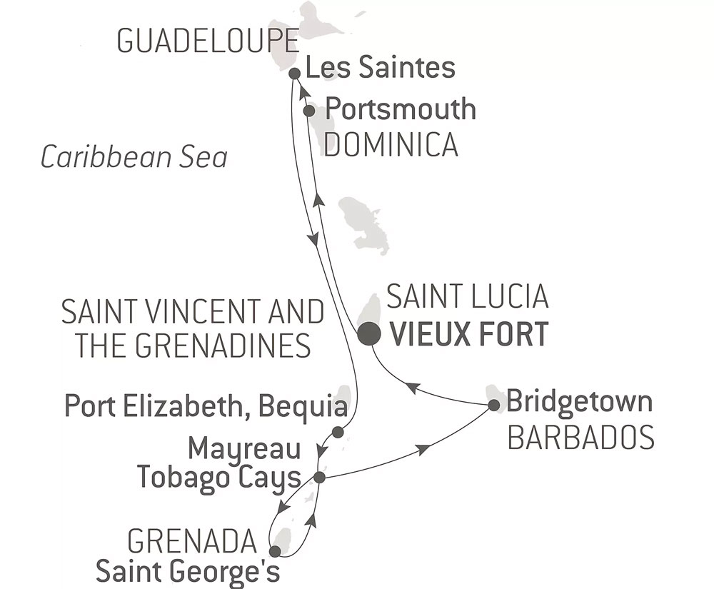 Route map of 9-Day Cruising The Caribbean's Windward Islands with Smithsonian Journeys cruise round-trip from Vieux Fort, Saint Lucia.