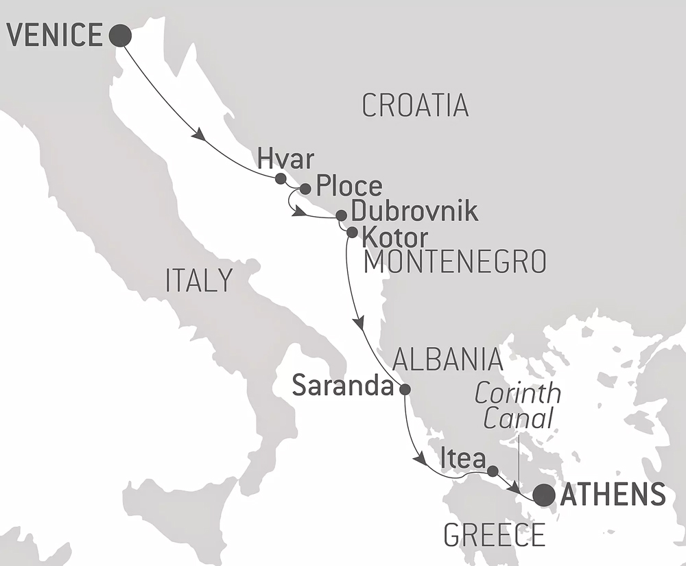 Route map of Cruising The Dalmatian Coast & Ionian Sea With Smithsonian Journeys Mediterranean cruise, operating between Greece & Italy with visits along Albania, Croatia & Montenegro.