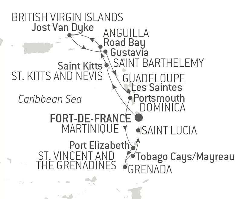 Route map of 13-Day Essentials of the Caribbean Cruise, operating round-trip from Fort-de-France, Martinique, with visits to Port Elizabeth on Bequia Island, Saint George's on Grenada, Mayreau Island, Tobago, Saint Kitts, Anguilla, Gustavia, Portsmouth, Pigeon Island, Soufriere in Saint Lucia & 