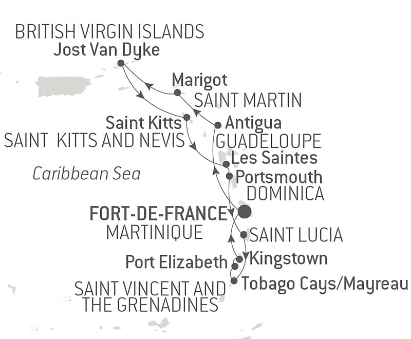 Route map of 13-Day Essentials of the Caribbean Cruise, operating round-trip from Fort-de-France, Martinique, with visits to Port Elizabeth on Bequia Island, Mayreau Island, Tobago, Saint Kitts, Gustavia, Portsmouth, Pigeon Island, Soufriere in Saint Lucia, Antigua, Marigot, Kingstown & 