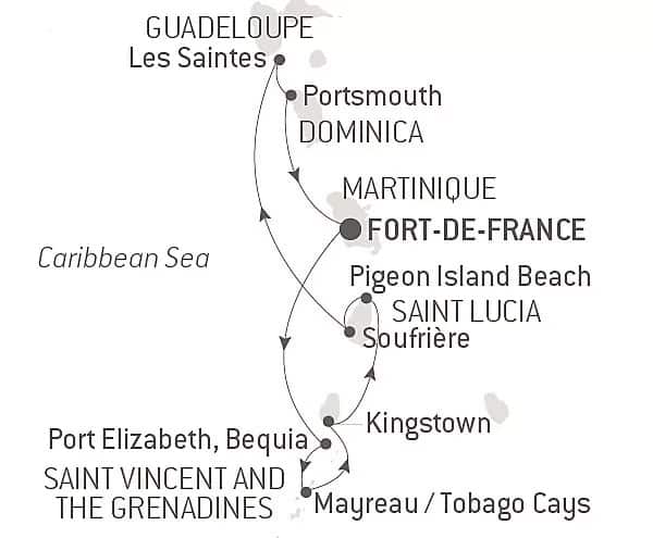 Route map of 9-Day Pearls of the Caribbean Cruise, operating round-trip from Fort-de-France, Martinique, with visits to Port Elizabeth on Bequia Island, Mayreau Island, Tobago, Pigeon Island, Soufriere in Saint Lucia, Kingstown, Portsmouth & 
