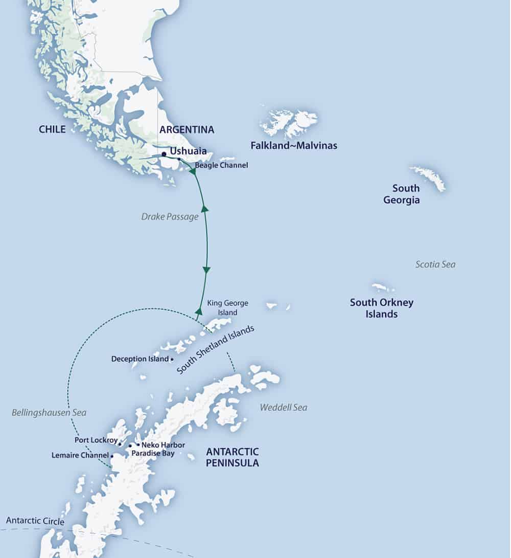 Route map of Spirit of Antarctica Expedition, a small ship cruise operating round-trip from Ushuaia, Argentina, to the South Shetland Islands & Antarctic Peninsula.