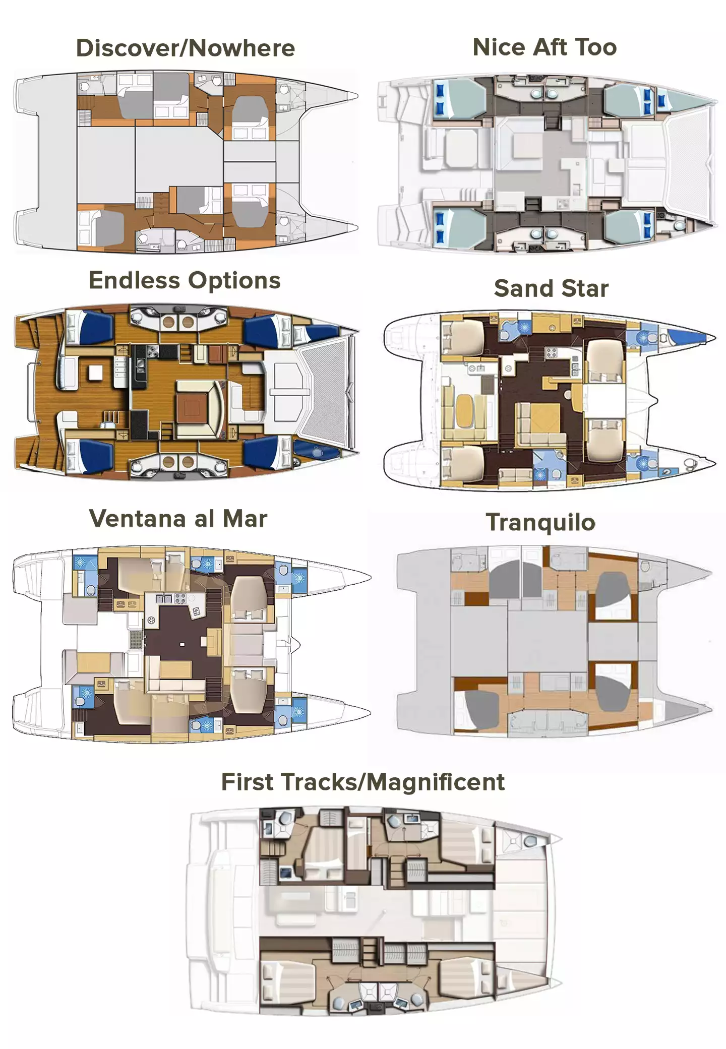 deck plans of 9 Belize sailing adventure catamaran charter options.