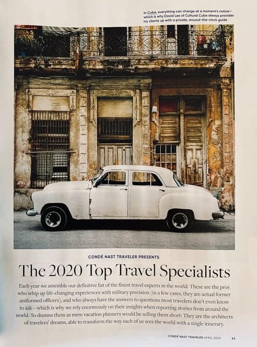 Inside the April 2020 issue of Conde Nast Traveler magazine featuring the winners of the top travel specialists. A scan of page 65 