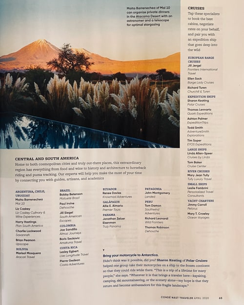 Inside the April 2020 issue of Conde Nast Traveler magazine featuring the winners of the top travel specialists. A scan of page 66