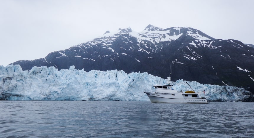 Misty Fjord floats in front of Marjerie Glacier on the islands whales and glaciers cruise.