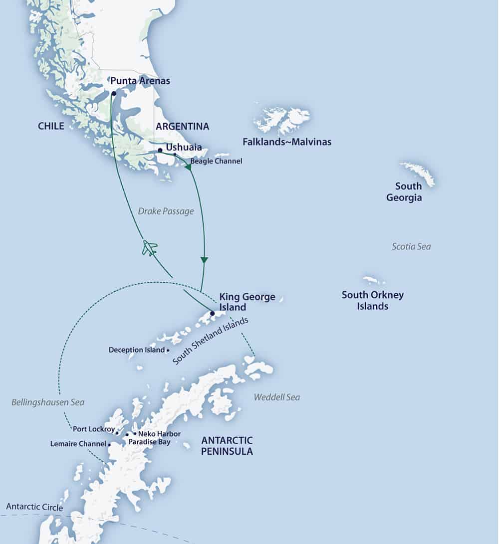Route map of Cruise/Fly itinerary of Active & Wild Antarctica Air Cruise, operating from Ushuaia, Argentina to Punta Arenas, Chile.