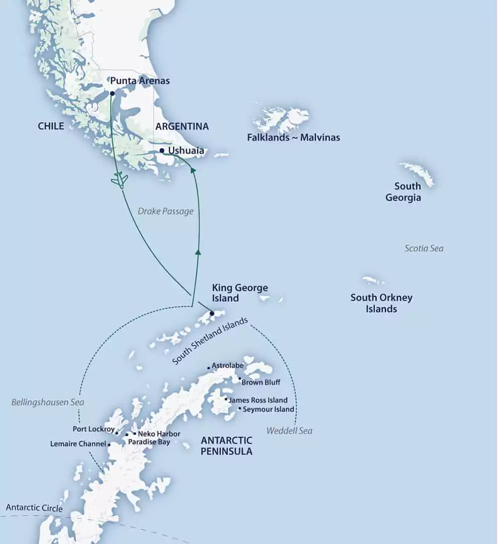 Route map of Fly/Cruise itinerary of Active & Wild Antarctica Air Cruise, operating from Punta Arenas, Chile, to Ushuaia, Argentina.