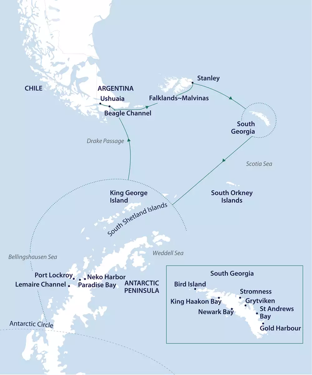 Route map of clockwise Antarctica Complete voyage, operating round-trip from Ushuaia, Argentina, with an attempt to cross the Antarctic Circle.
