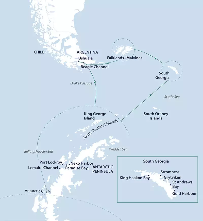 Route map of counterclockwise Antarctica Complete voyage, operating round-trip from Ushuaia, Argentina, with an attempt to cross the Antarctic Circle.