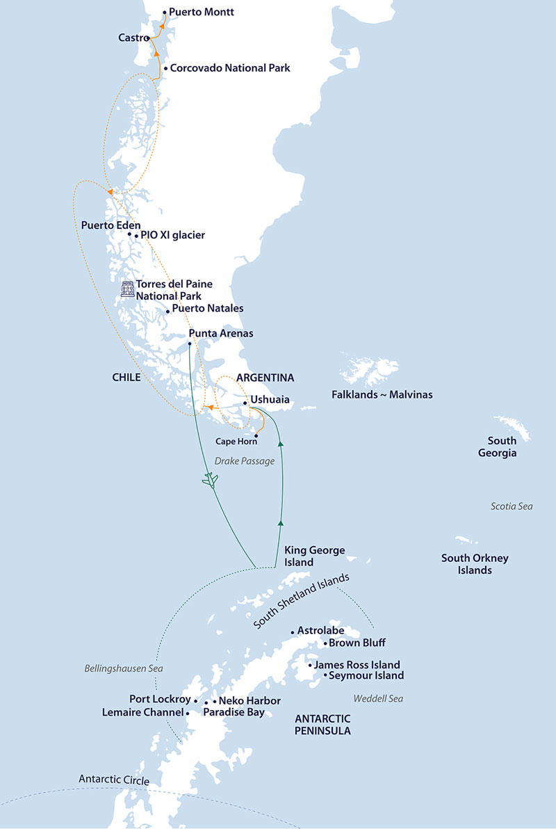 Route map of Antarctica & Patagonia Explorer ultimate cruise from Punta Arenas to Puerto Montt, Chile, with a flight to embark King George Island, Antarctica.