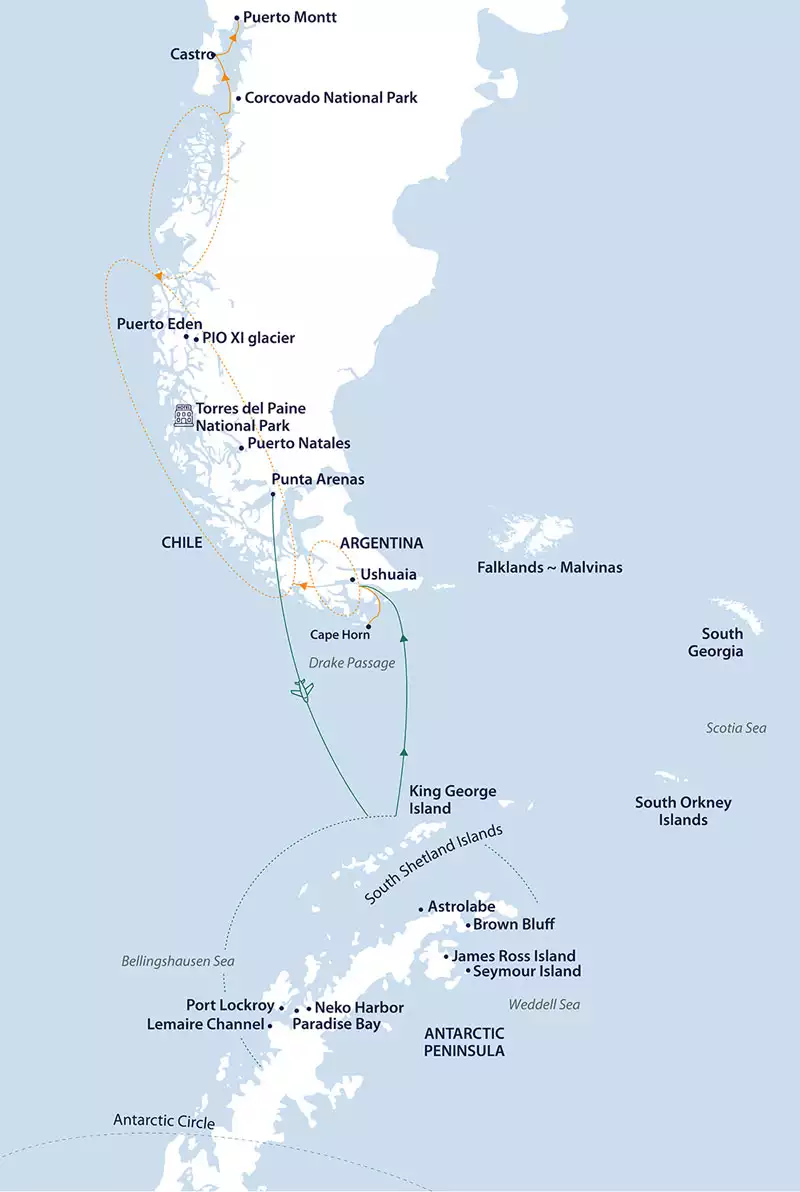 Route map of Antarctica & Patagonia Explorer ultimate cruise from Punta Arenas to Puerto Montt, Chile, with a flight to embark King George Island, Antarctica.