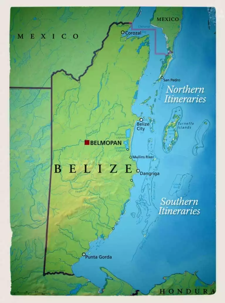 Route map of 10-day Southern & 7-day Northern sample itineraries for Belize Sailing Adventure, along the Belize Barrier Reef & coastline.