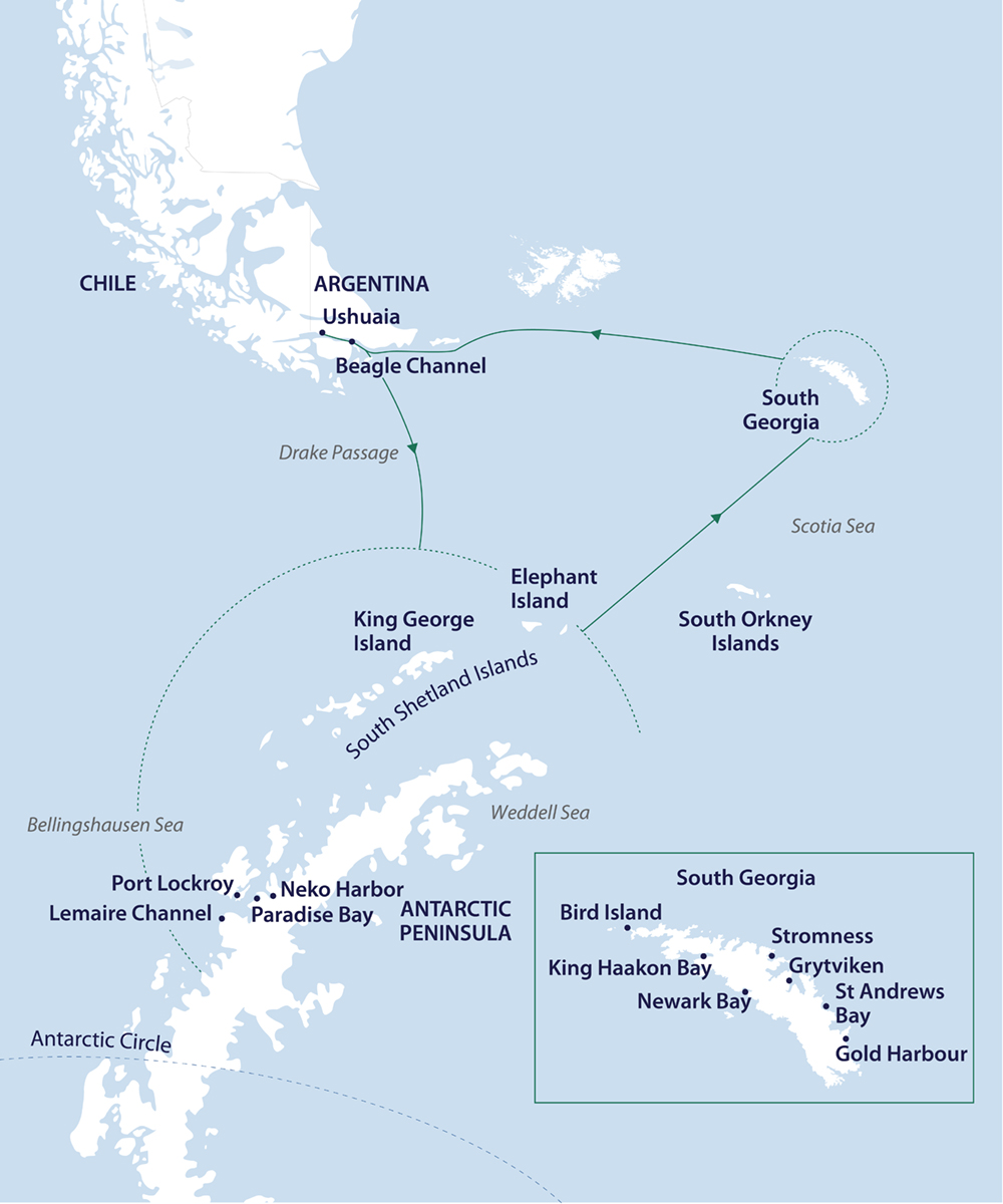 Route map of In Shackleton's Footsteps cruise, round-trip from Ushuaia, Argentina, with visits along the Antarctic Peninsula, Weddell Sea, Scotia Sea & South Georgia.