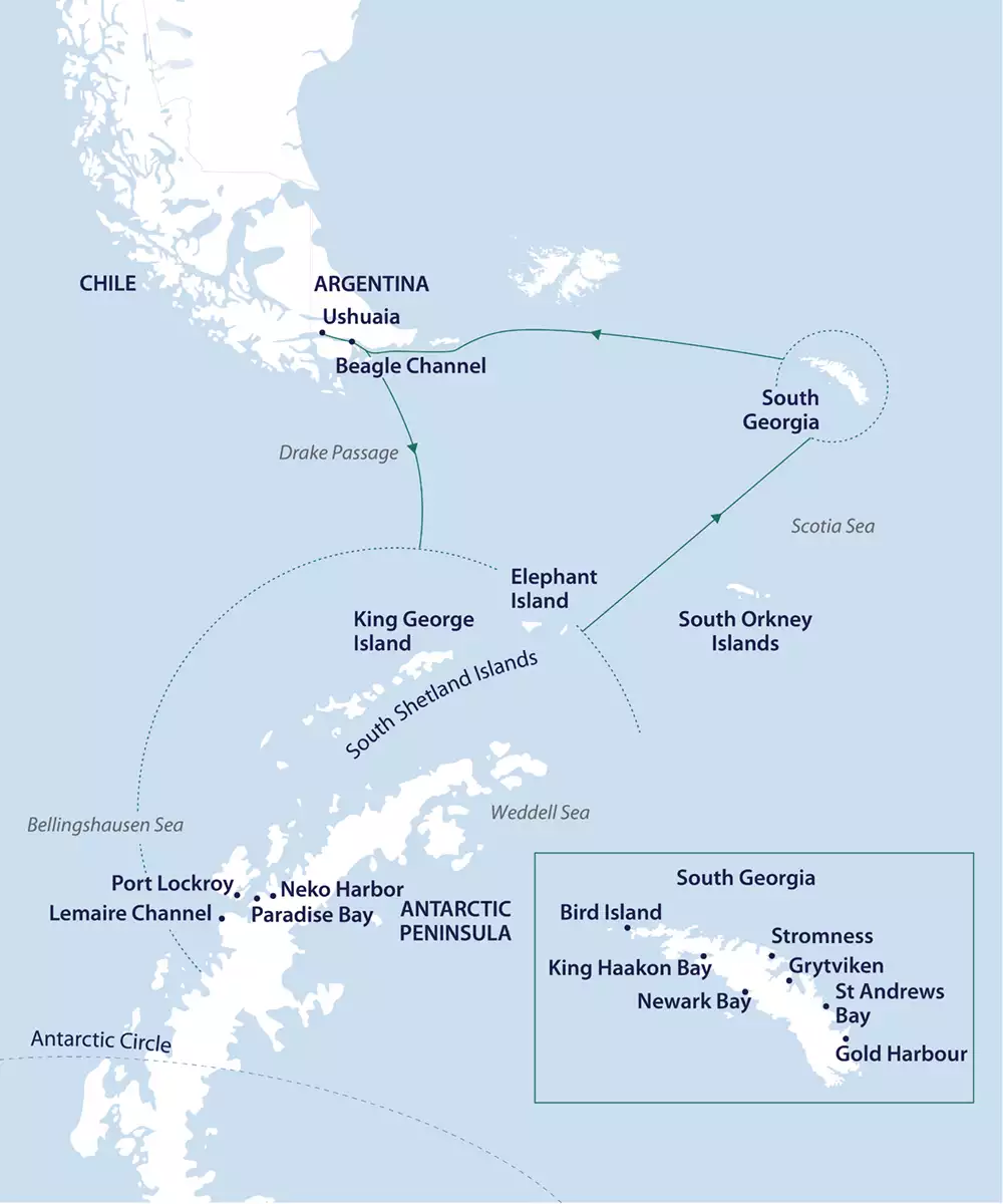 Route map of In Shackleton's Footsteps cruise, round-trip from Ushuaia, Argentina, with visits along the Antarctic Peninsula, Weddell Sea, Scotia Sea & South Georgia.