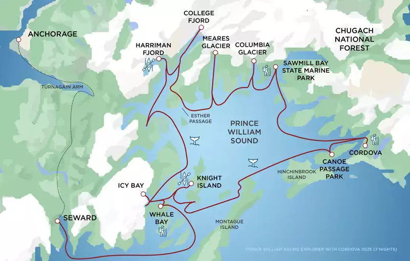 Route map of Prince William Sound Explorer cruise operating round-trip from Anchorage, Alaska, with embarkation and disembarkation in Seward.