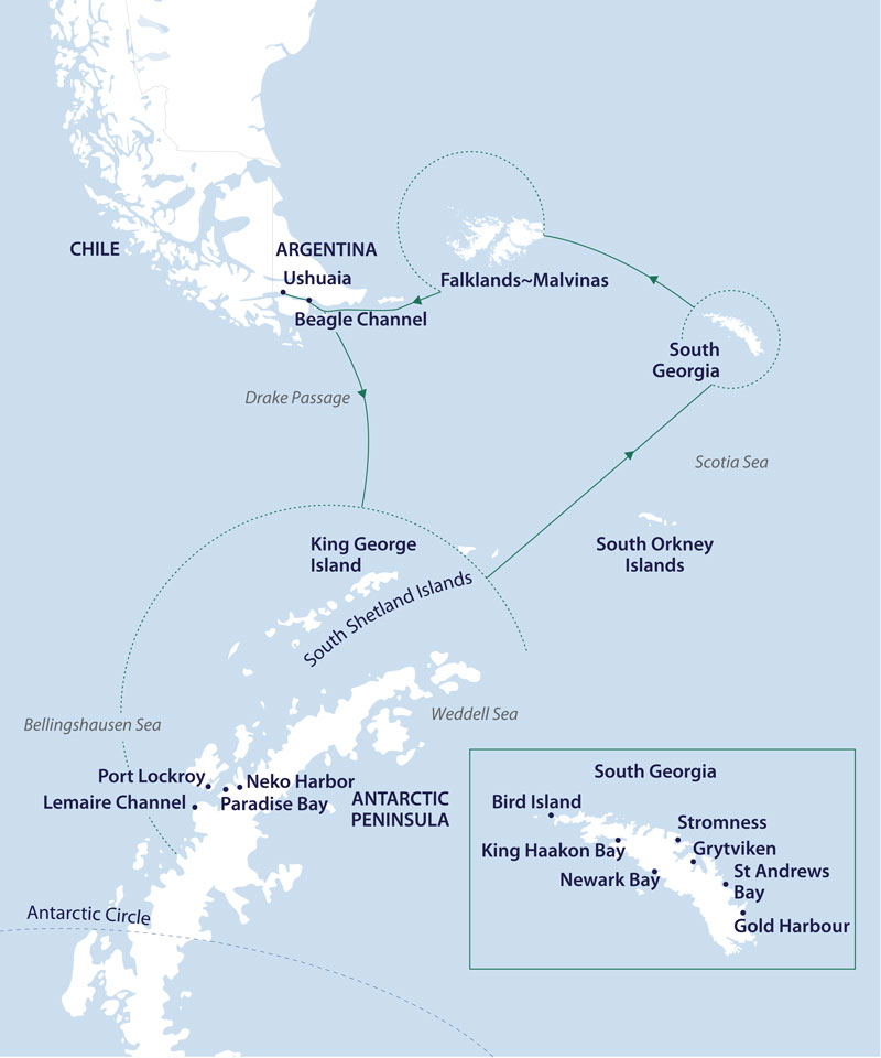Route map of 21-day, alternative, counter-clockwise Falklands, South Georgia & Antarctic Odyssey Cruise.