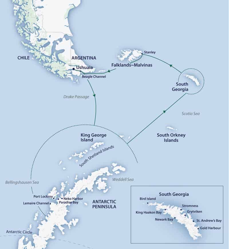 Route map of counter-clockwise South Georgia & Antarctic Odyssey Cruise. main route, including a unique visit to Elephant Island.