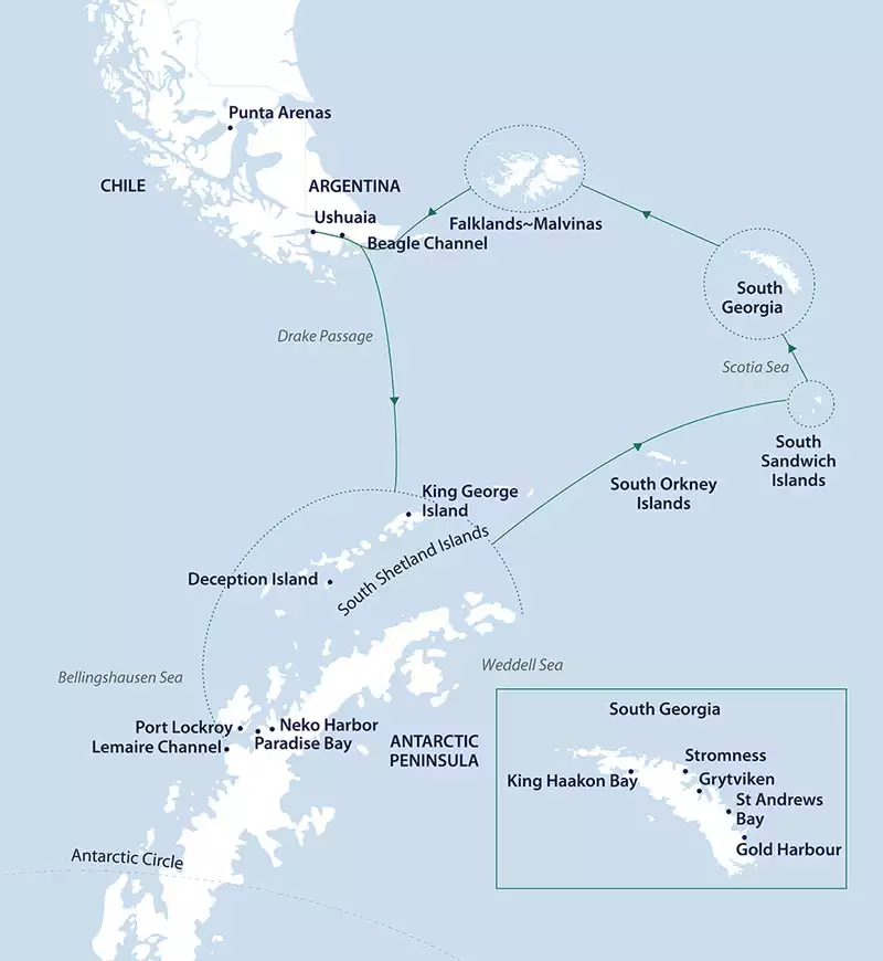 Route map of 24-day South Georgia & Antarctic Odyssey Featuring The South Sandwich Islands voyage, operating round-trip from Ushuaia, Argentina with visits to the Antarctic Peninsula, the South Sandwich Islands, South Georgia & the Falklands.