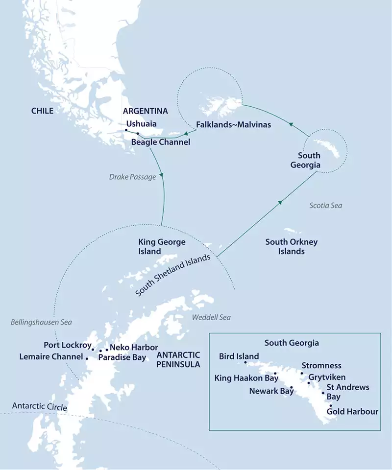 Route map of South Georgia, Falklands & Antarctic Odyssey Cruise reverse route, operating round-trip from Ushuaia, Argentina, counterclockwise.