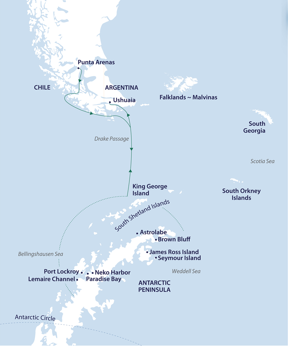 Route map of Spirit of Antarctica Featuring the Chilean Fjords cruise from Punta Arenas, Chile to Ushuaia, Argentina.