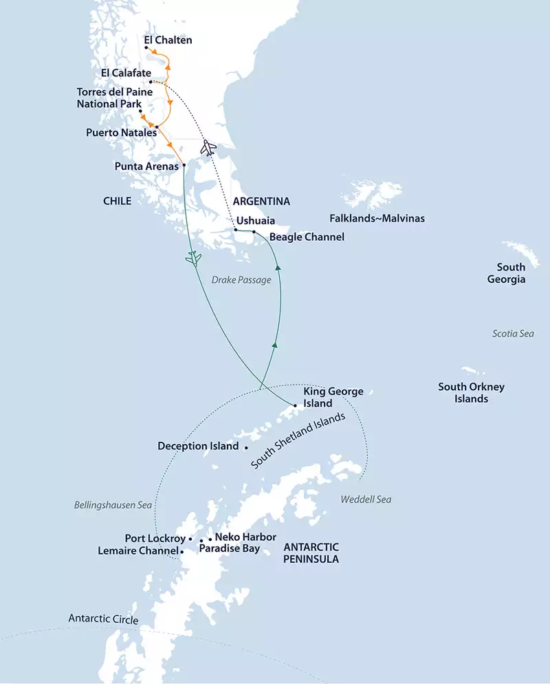 Route map of 23-day Trails of Antarctica & Patagonia land-and-sea trip, operating round-trip from Punta Arenas, Chile.
