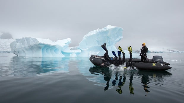 An icy landscape with icebergs in the background a group of polar divers fall into the water, flippers in the air from a zodiac raft in Antarctica.
