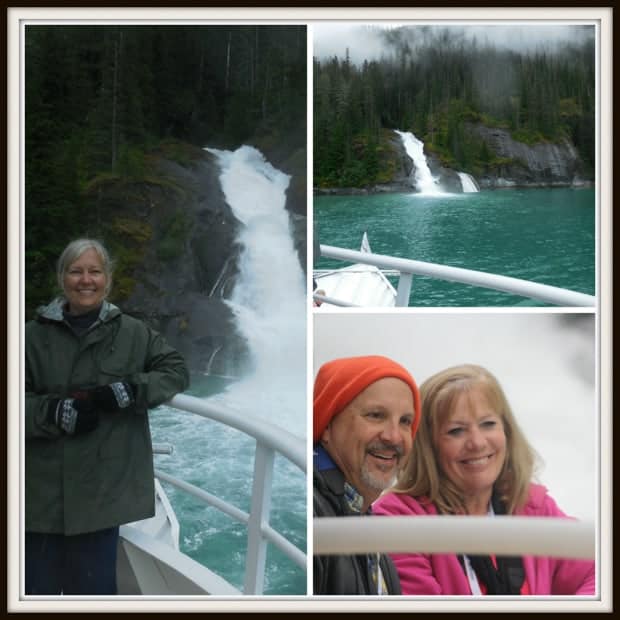 Happy traveler enjoying a waterfall, 2 waterfalls seen from the deck of a small ship cruise in Tracy Arm and a happy couple enjoying the view from the deck.