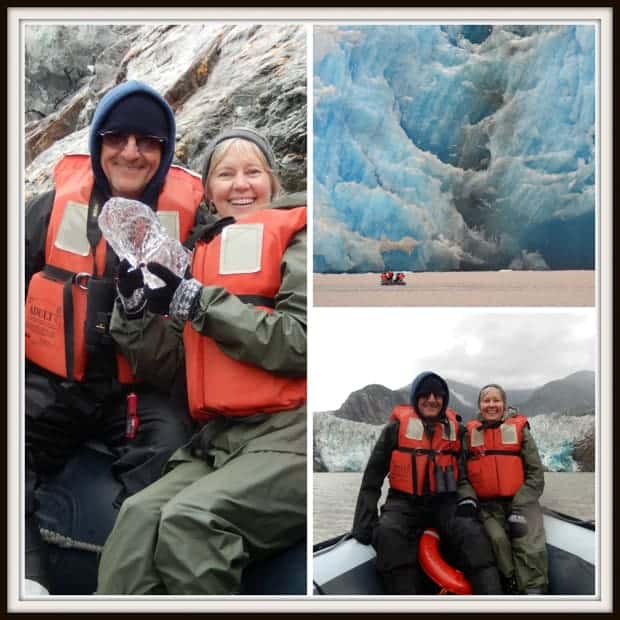 Happy couple holding a bergie bit, zodiac of small ship travelers in front of a blue glacier, happy couple sitting on the bow of a boat.