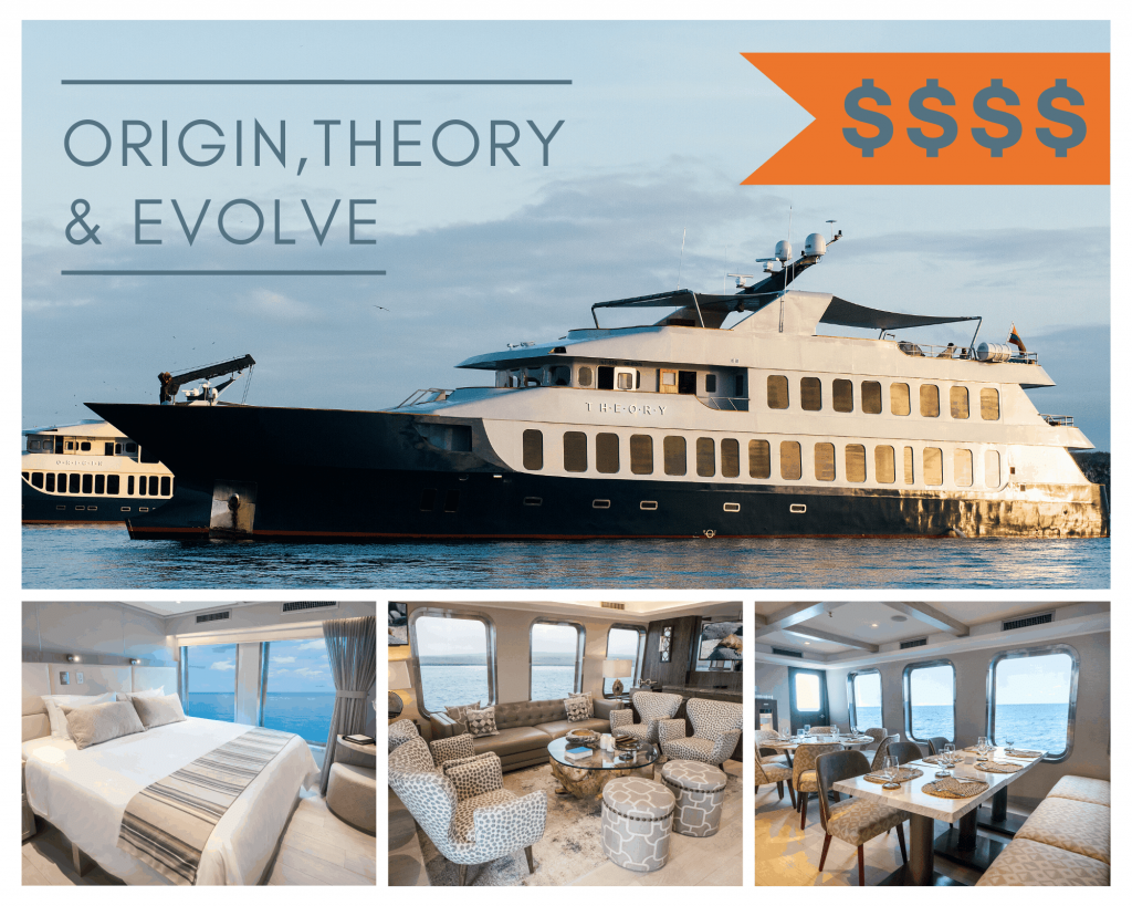 A photo collage featuring exterior and interior images of the Origin, Theory and Evolve Galapagos luxury yacht