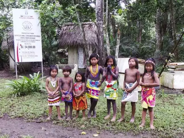 Children greeting guests from small ship cruise visiting the villages in the Darien Jungle. 