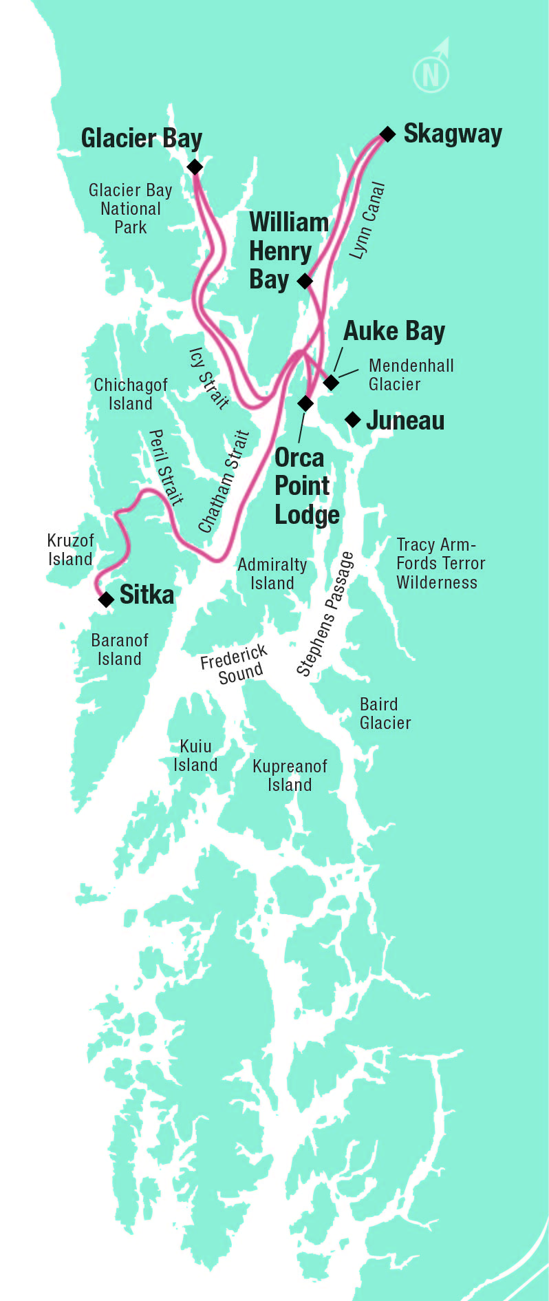 Route map of North to True Alaska small ship cruise between Sitka & Juneau with visits to Glacier Bay & Skagway.