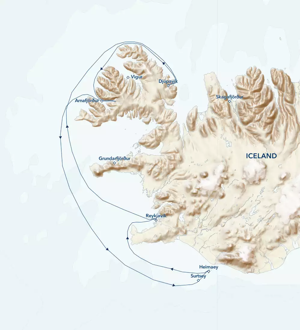Route map of 5-day Wild Iceland Escape Arctic voyage, operating round-trip from Reykjavik with visits to Djúpavík, Arnafjordur, Surtsey Island, Heimaey Island & the Westman Islands.