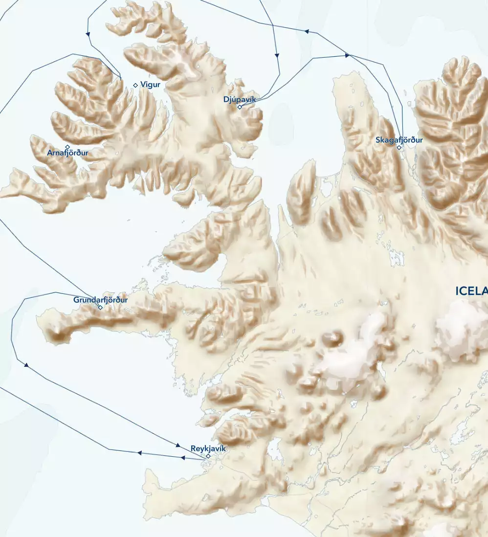 Route map of 6-day Wild Iceland Escape Arctic voyage, operating round-trip from Reykjavik with visits to Djúpavík, Skagafjordur, Isafjordur, Vigur & Grundarfhordur.