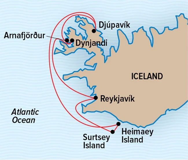 Route map of Wild Iceland Escape Arctic voyage, operating round-trip from Reykjavik with visits to Djúpavík, Arnafjordur, Surtsey Island, Heimaey Island & the Westman Islands.