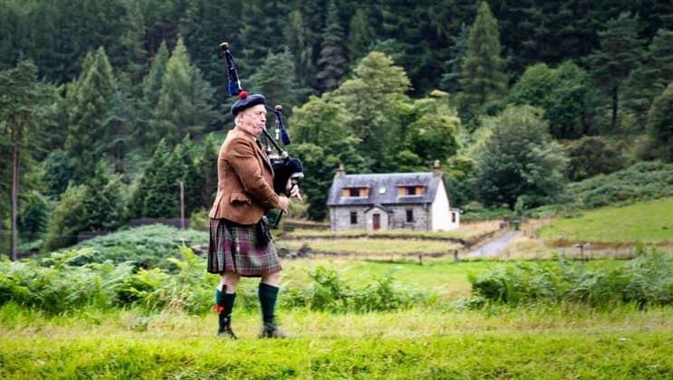 Kilted Scottish bag piper plays his instrument among bright green grass with forest & a small country home in the background.