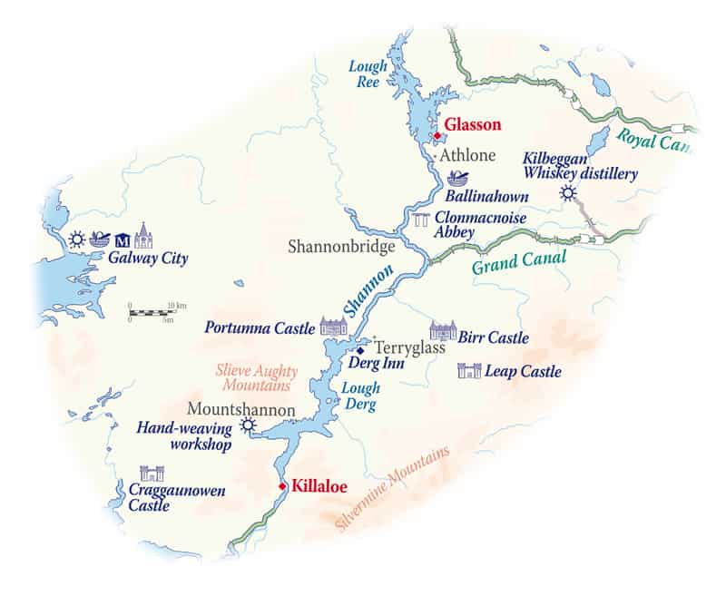 Route map of Classic Ireland River Cruise, operating round-trip from Glasson, along the River Shannon, with visits to Athlone, Shannonbridge, Terryglass, Mountshannon & Killaloe.
