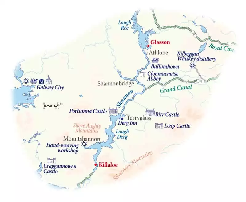 Route map of Classic Ireland River Cruise, operating round-trip from Glasson, along the River Shannon, with visits to Athlone, Shannonbridge, Terryglass, Mountshannon & Killaloe.