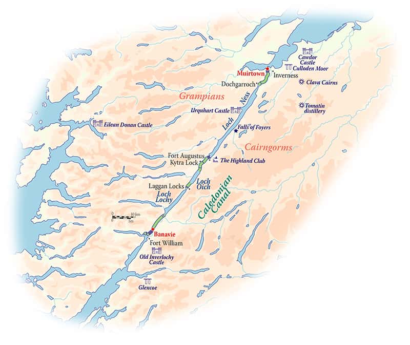Route map of Classic Scotland Barge Cruise, operating between Inverness & Banavie, with visits to Dochgarroch, Fort Augustus, Kytra & Laggan.