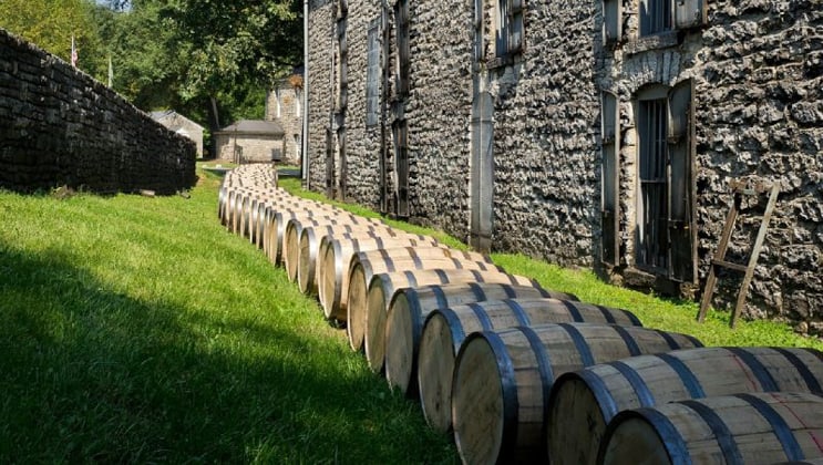 Line of whiskey barrels sits in a row along green grass & a stone building, seen during an Ireland barge cruise.