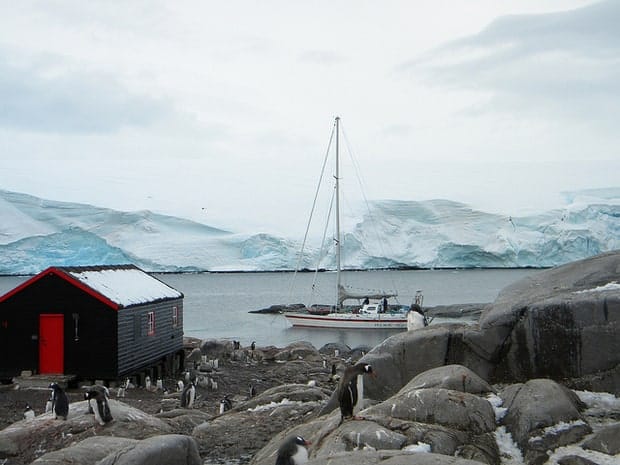 Research station in Antarctica with penguins walking on rocks and small ship in background. 
