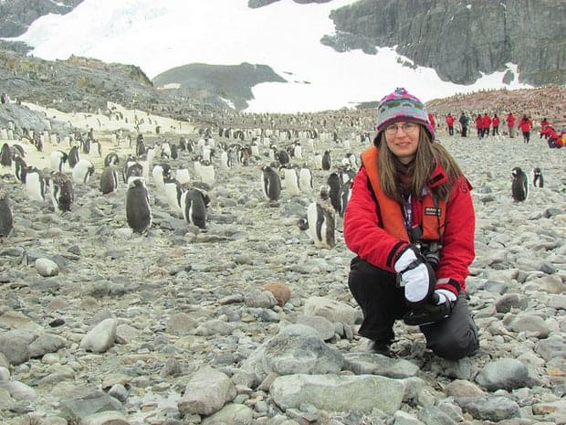 Small cruise ship guest kneeling on the ground next to penguins in Antarctica. 