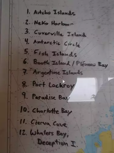 Map with 12 Antarctica destinations listed. 