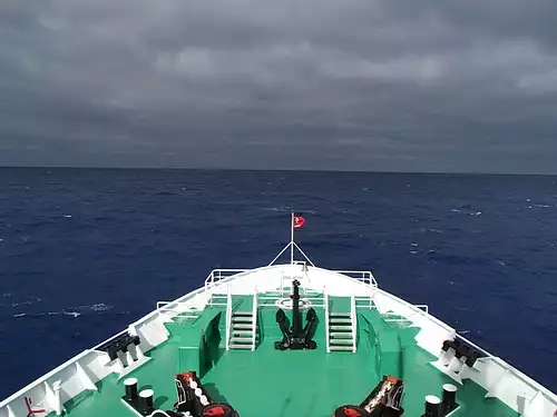 Bow of small ship cruise crossing the Drake Passage to Antarctica. 