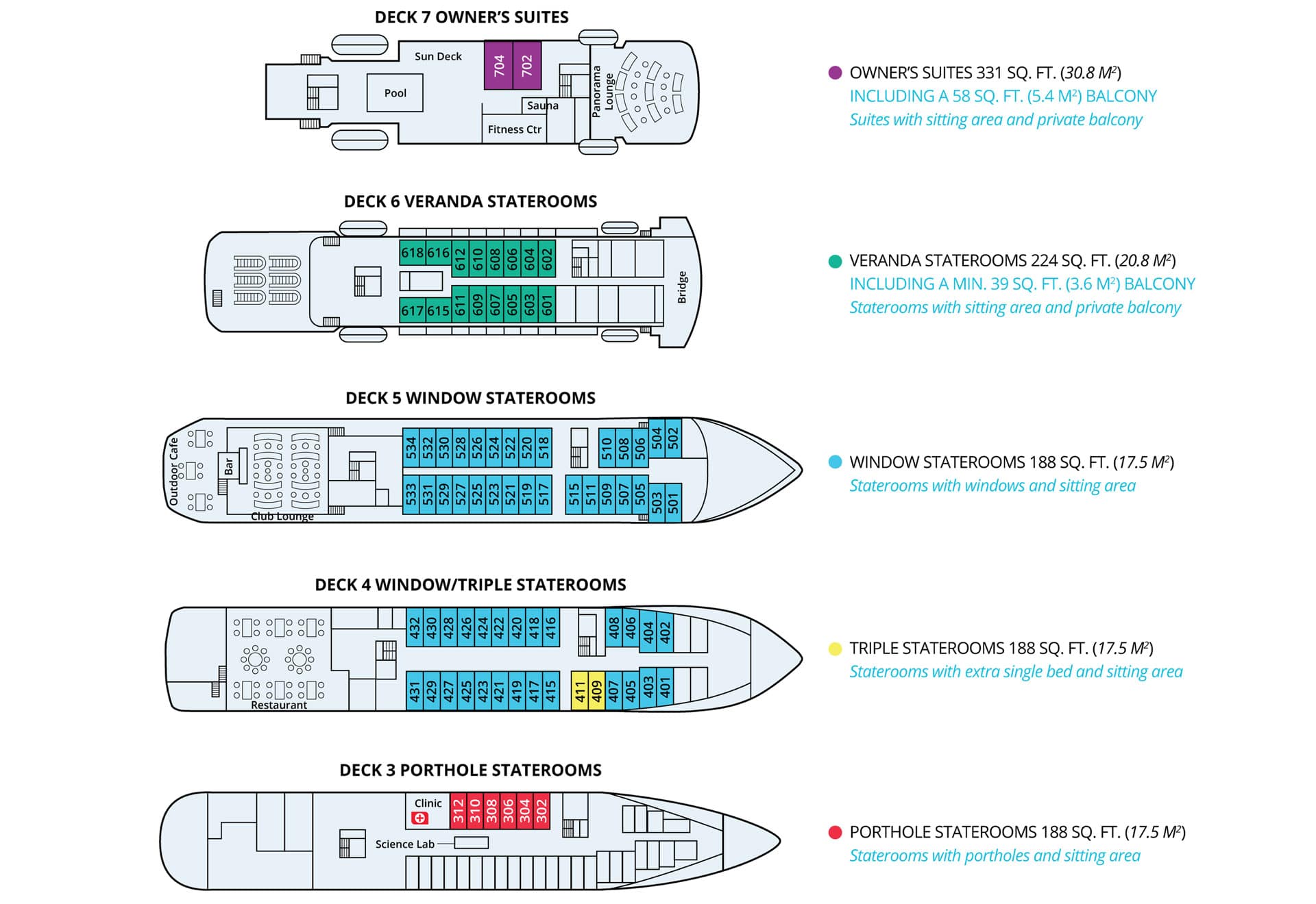 Deck plan of Antarctica small ship M/S Seaventure, with 5 passenger decks & 5 cabin categories.